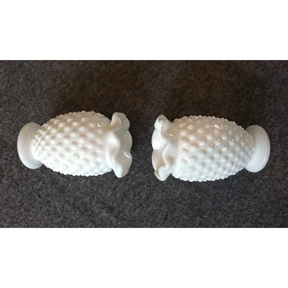Vintage Fenton White Milk Glass Hobnail Mini Vases Set of 2 Ruffled Crimped Edge
